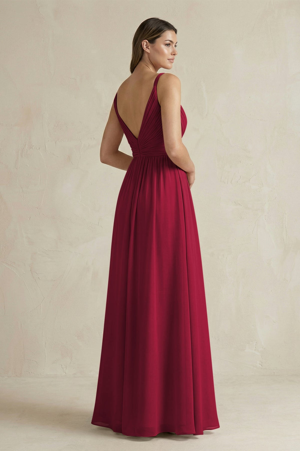 V - Neck Pleated A - Line Chiffon Bridesmaid Dress in Berry - KissProm Bridesmaid Dresses