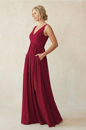 V - Neck Pleated A - Line Chiffon Bridesmaid Dress in Berry - KissProm Bridesmaid Dresses