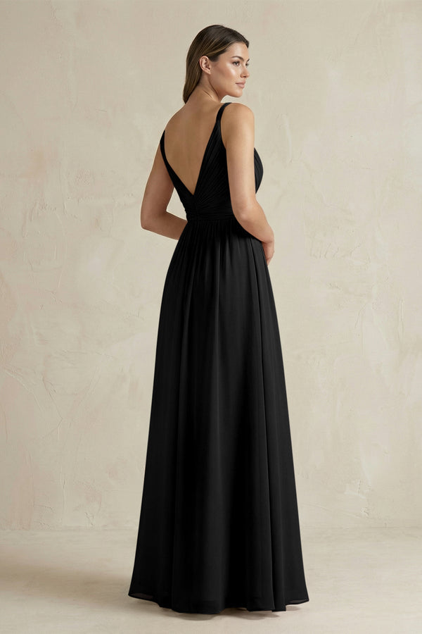 V - Neck Pleated A - Line Chiffon Bridesmaid Dress in Black - KissProm Bridesmaid Dresses
