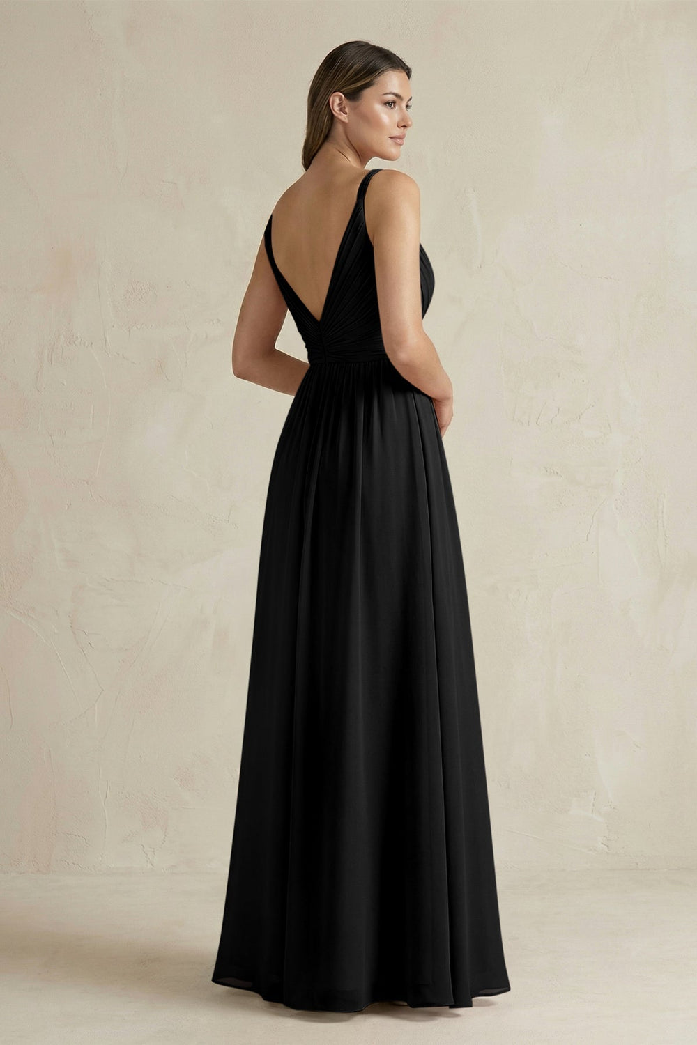 V - Neck Pleated A - Line Chiffon Bridesmaid Dress in Black - KissProm Bridesmaid Dresses