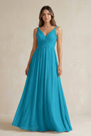 V - Neck Pleated A - Line Chiffon Bridesmaid Dress in Blue Jay - KissProm Bridesmaid Dresses