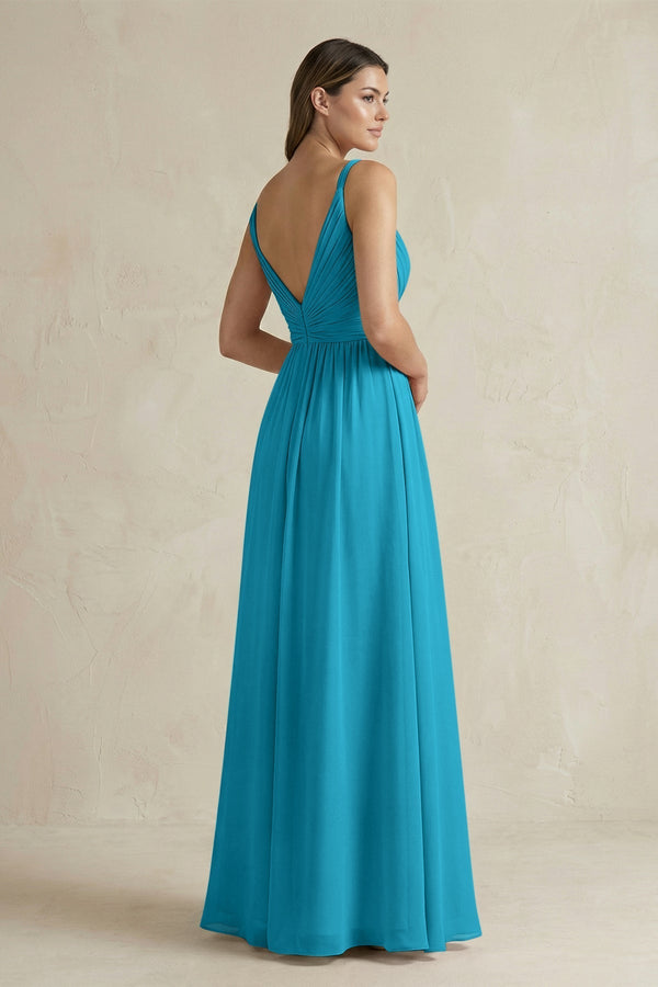 V - Neck Pleated A - Line Chiffon Bridesmaid Dress in Blue Jay - KissProm Bridesmaid Dresses