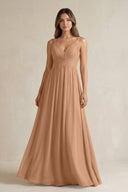 V - Neck Pleated A - Line Chiffon Bridesmaid Dress in Bronzer - KissProm Bridesmaid Dresses