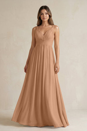 V - Neck Pleated A - Line Chiffon Bridesmaid Dress in Bronzer - KissProm Bridesmaid Dresses