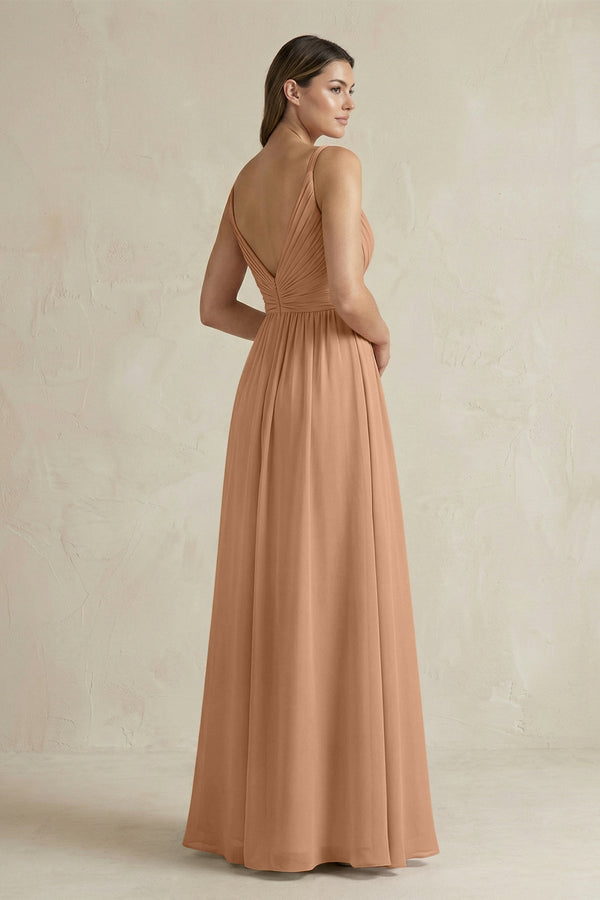 V - Neck Pleated A - Line Chiffon Bridesmaid Dress in Bronzer - KissProm Bridesmaid Dresses