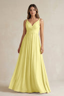 V - Neck Pleated A - Line Chiffon Bridesmaid Dress in Buttercup - KissProm Bridesmaid Dresses