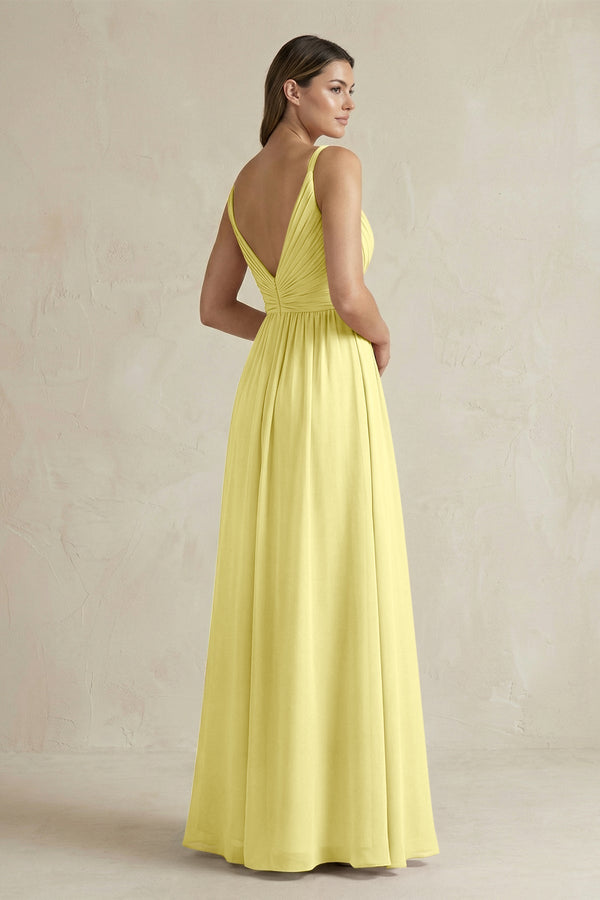 V - Neck Pleated A - Line Chiffon Bridesmaid Dress in Buttercup - KissProm Bridesmaid Dresses