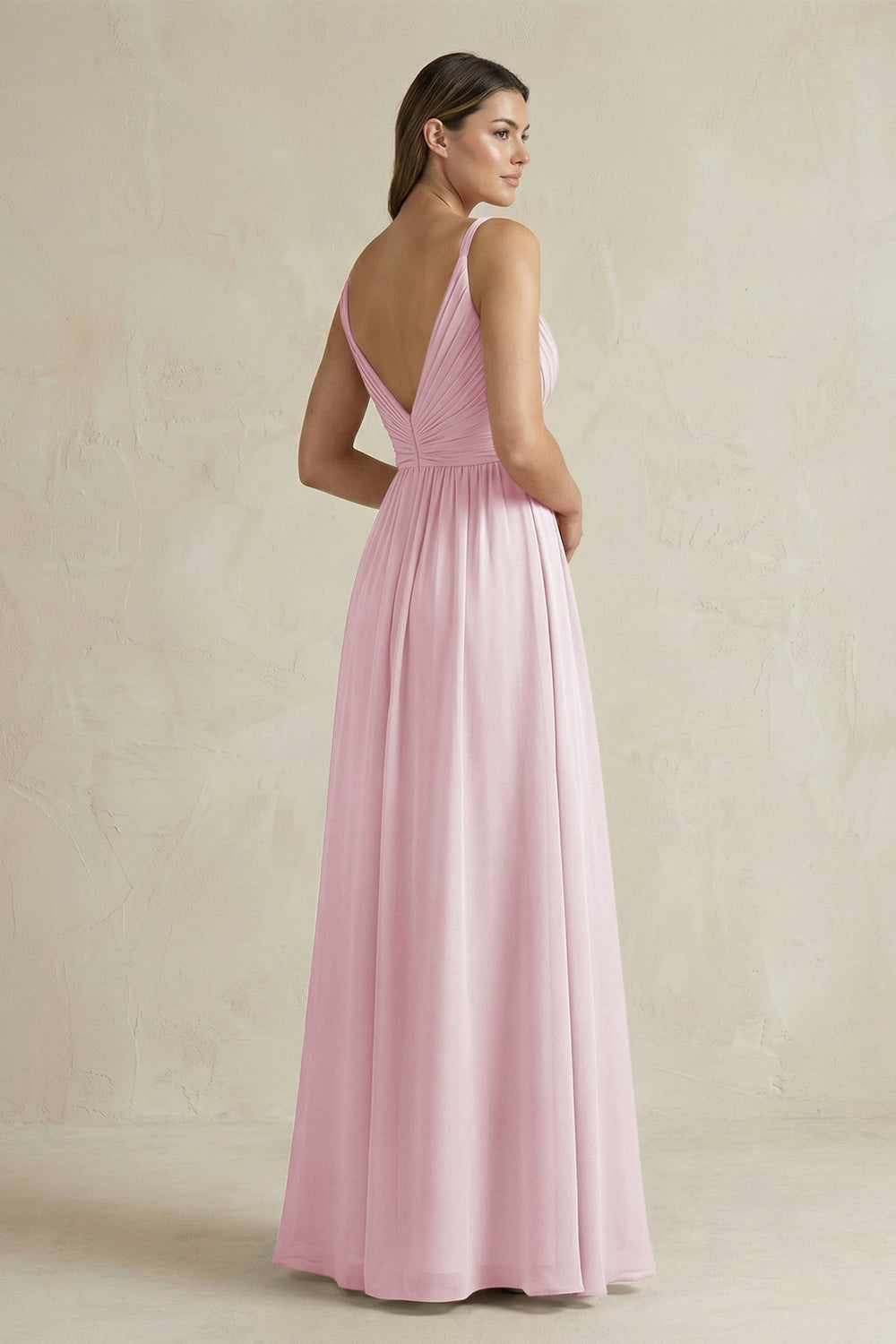 V - Neck Pleated A - Line Chiffon Bridesmaid Dress in Candy Pink - KissProm Bridesmaid Dresses