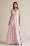 V - Neck Pleated A - Line Chiffon Bridesmaid Dress in Candy Pink - KissProm Bridesmaid Dresses