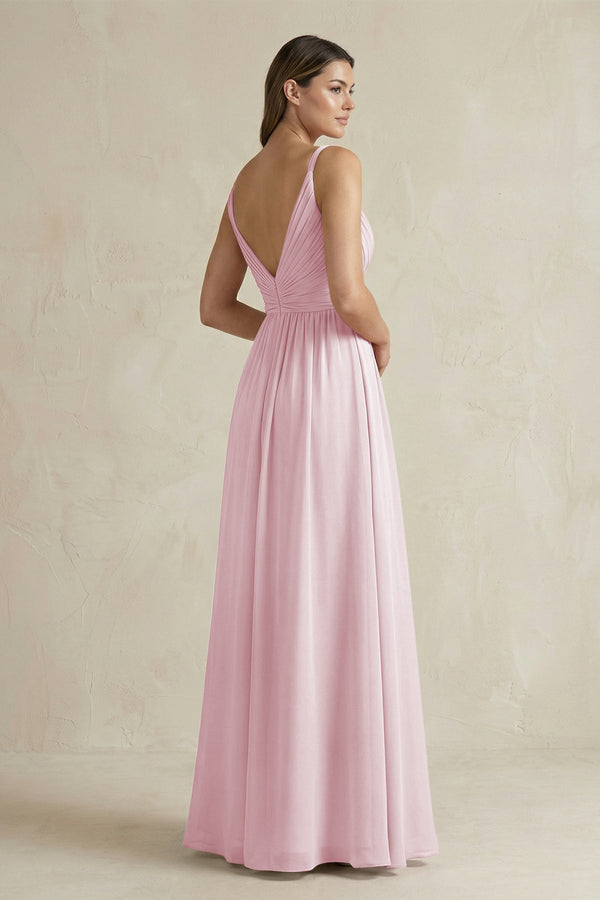 V - Neck Pleated A - Line Chiffon Bridesmaid Dress in Candy Pink - KissProm Bridesmaid Dresses