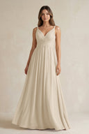V - Neck Pleated A - Line Chiffon Bridesmaid Dress in Champagne - KissProm Bridesmaid Dresses
