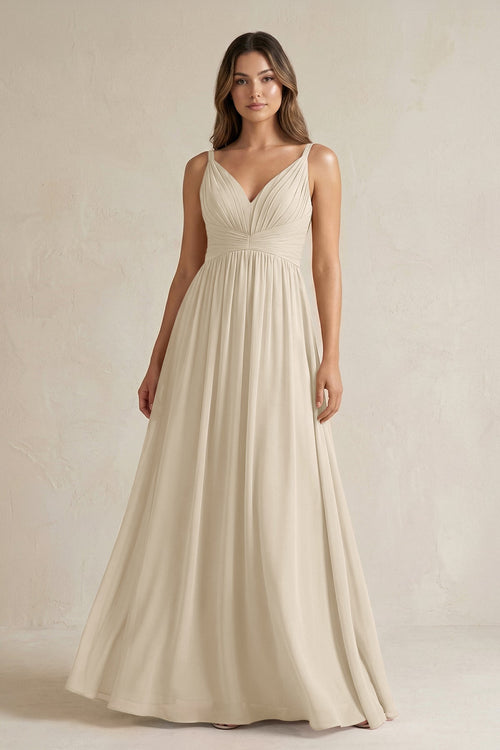 V - Neck Pleated A - Line Chiffon Bridesmaid Dress in Champagne - KissProm Bridesmaid Dresses