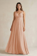 V - Neck Pleated A - Line Chiffon Bridesmaid Dress in Champagne Rose - KissProm Bridesmaid Dresses