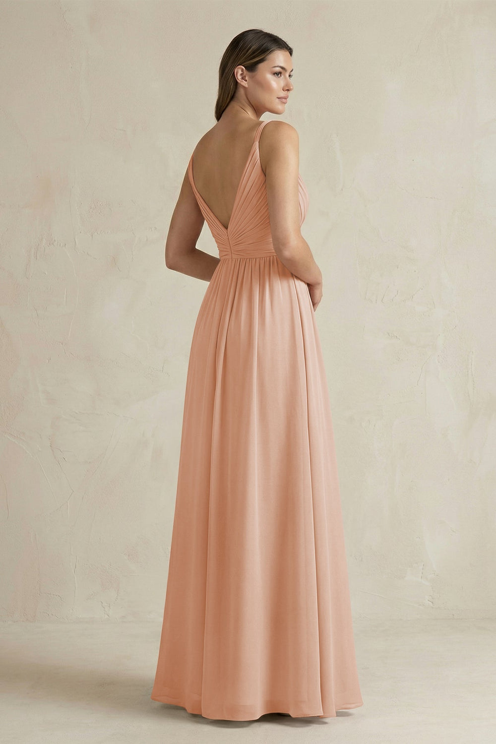 V - Neck Pleated A - Line Chiffon Bridesmaid Dress in Champagne Rose - KissProm Bridesmaid Dresses