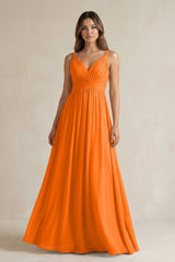 V - Neck Pleated A - Line Chiffon Bridesmaid Dress in Cinnamon - KissProm Bridesmaid Dresses