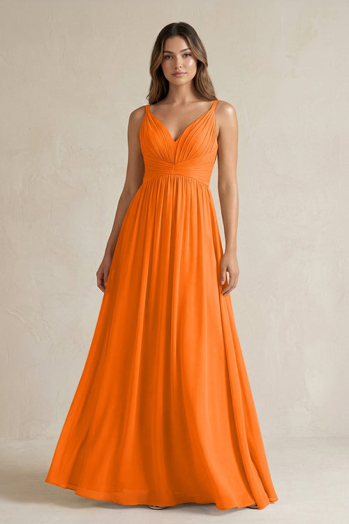 V - Neck Pleated A - Line Chiffon Bridesmaid Dress in Cinnamon - KissProm Bridesmaid Dresses