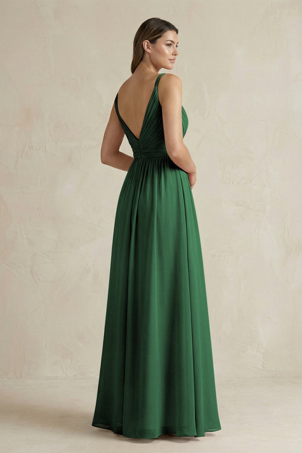 V - Neck Pleated A - Line Chiffon Bridesmaid Dress in Dark Green - KissProm Bridesmaid Dresses