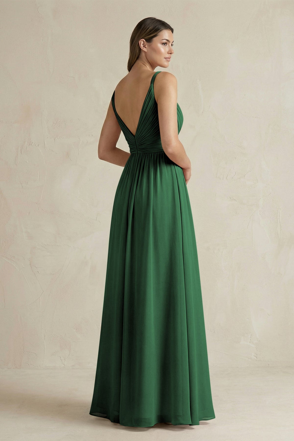 V - Neck Pleated A - Line Chiffon Bridesmaid Dress in Dark Green - KissProm Bridesmaid Dresses