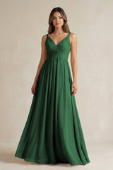 V - Neck Pleated A - Line Chiffon Bridesmaid Dress in Dark Green - KissProm Bridesmaid Dresses
