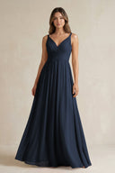 V - Neck Pleated A - Line Chiffon Bridesmaid Dress in Dark Navy - KissProm Bridesmaid Dresses