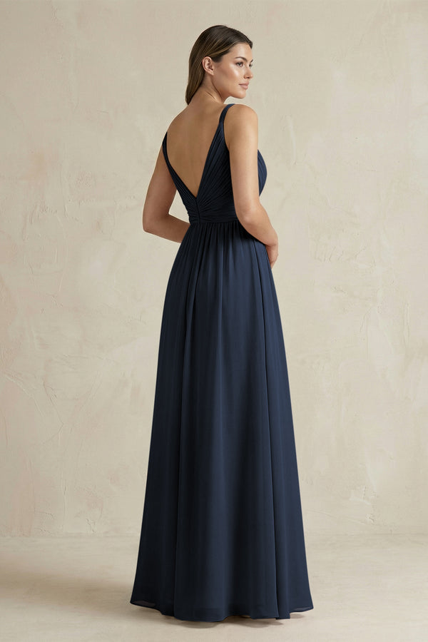 V - Neck Pleated A - Line Chiffon Bridesmaid Dress in Dark Navy - KissProm Bridesmaid Dresses