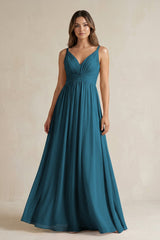 V - Neck Pleated A - Line Chiffon Bridesmaid Dress in Dark Teal - KissProm Bridesmaid Dresses