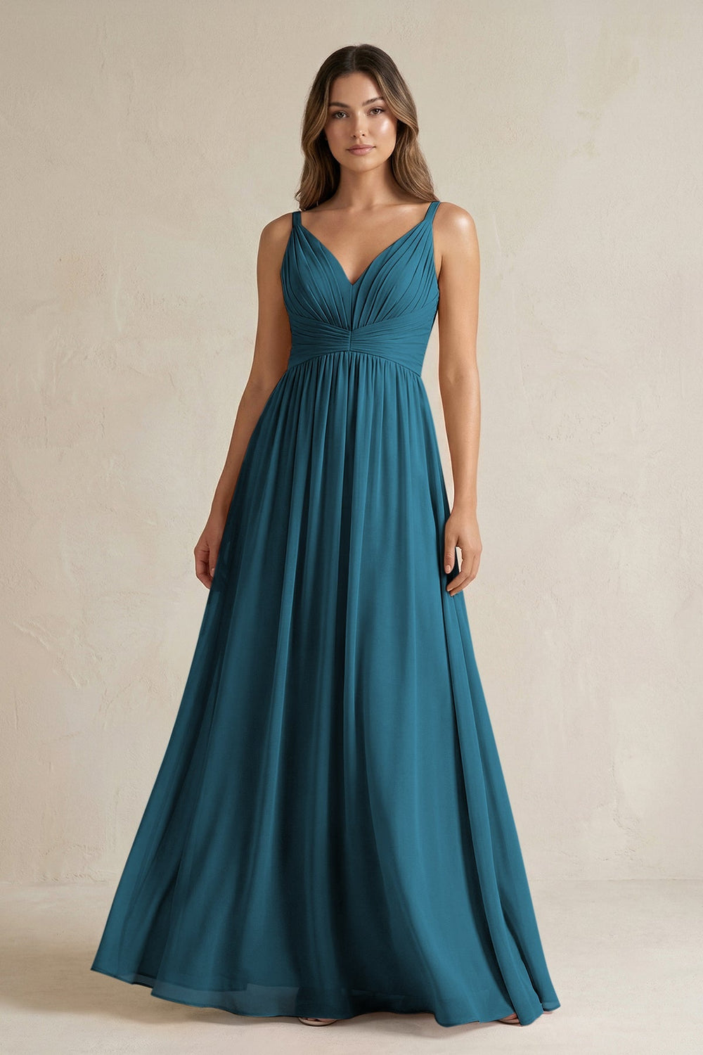 V - Neck Pleated A - Line Chiffon Bridesmaid Dress in Dark Teal - KissProm Bridesmaid Dresses