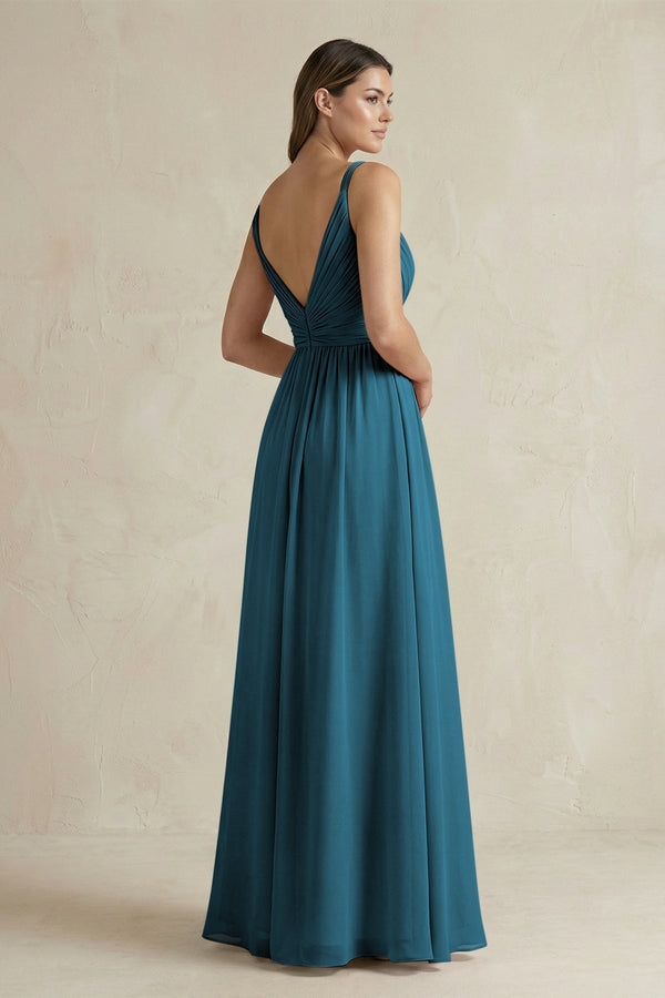 V - Neck Pleated A - Line Chiffon Bridesmaid Dress in Dark Teal - KissProm Bridesmaid Dresses