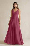 V - Neck Pleated A - Line Chiffon Bridesmaid Dress in Desert Rose - KissProm Bridesmaid Dresses