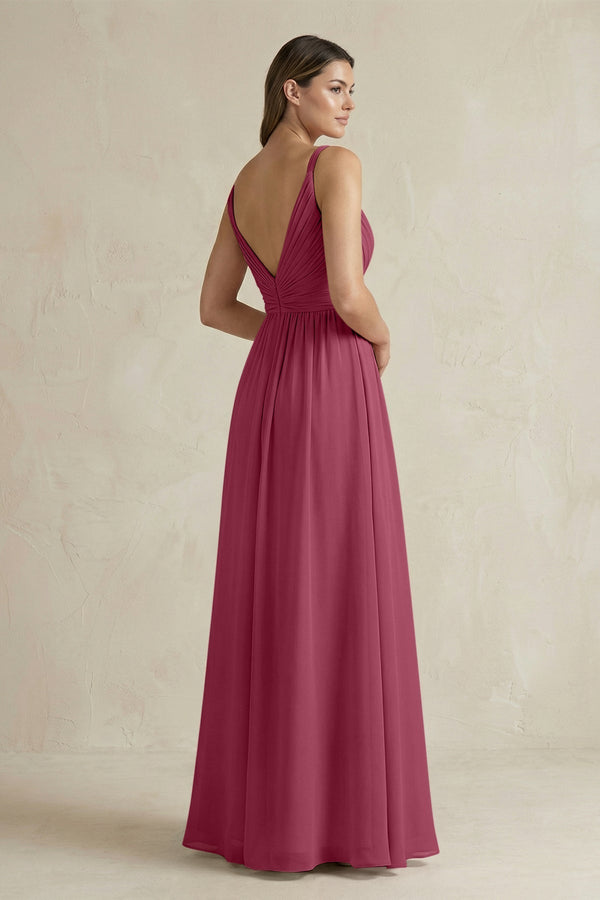 V - Neck Pleated A - Line Chiffon Bridesmaid Dress in Desert Rose - KissProm Bridesmaid Dresses