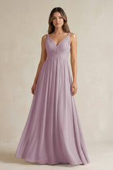 V - Neck Pleated A - Line Chiffon Bridesmaid Dress in Dusk - KissProm Bridesmaid Dresses