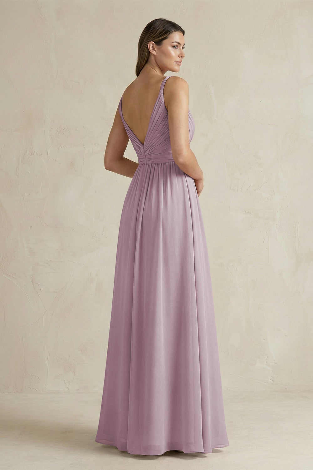 V - Neck Pleated A - Line Chiffon Bridesmaid Dress in Lavender - KissProm Bridesmaid Dresses