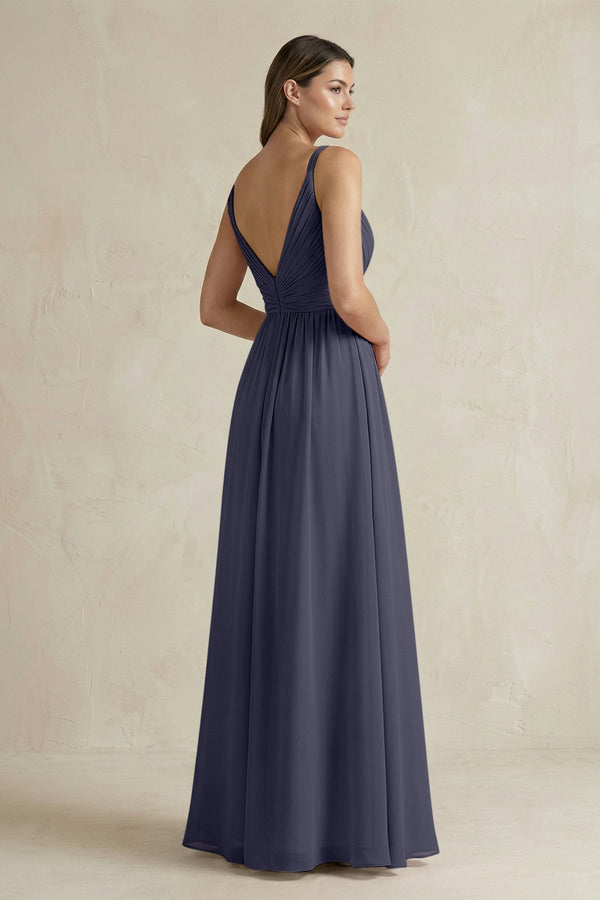 V - Neck Pleated A - Line Chiffon Bridesmaid Dress in Dusk Blue - KissProm Bridesmaid Dresses