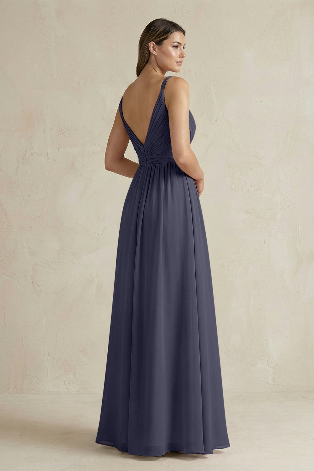 V - Neck Pleated A - Line Chiffon Bridesmaid Dress in Dusk Blue - KissProm Bridesmaid Dresses