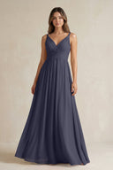 V - Neck Pleated A - Line Chiffon Bridesmaid Dress in Dusk Blue - KissProm Bridesmaid Dresses