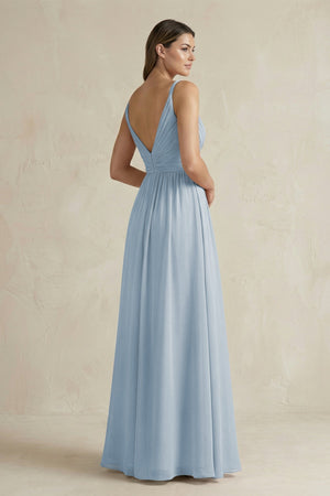 V - Neck Pleated A - Line Chiffon Bridesmaid Dress in Dusty Blue - KissProm Bridesmaid Dresses