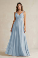V - Neck Pleated A - Line Chiffon Bridesmaid Dress in Dusty Blue - KissProm Bridesmaid Dresses