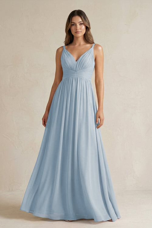V - Neck Pleated A - Line Chiffon Bridesmaid Dress in Dusty Blue - KissProm Bridesmaid Dresses