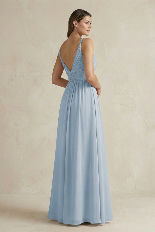 V - Neck Pleated A - Line Chiffon Bridesmaid Dress in Dusty Blue - KissProm Bridesmaid Dresses