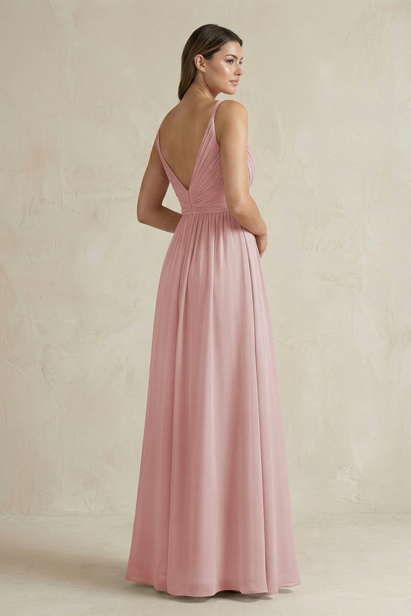 V - Neck Pleated A - Line Chiffon Bridesmaid Dress in Dusty Rose - KissProm Bridesmaid Dresses