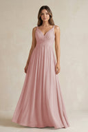 V - Neck Pleated A - Line Chiffon Bridesmaid Dress in Dusty Rose - KissProm Bridesmaid Dresses