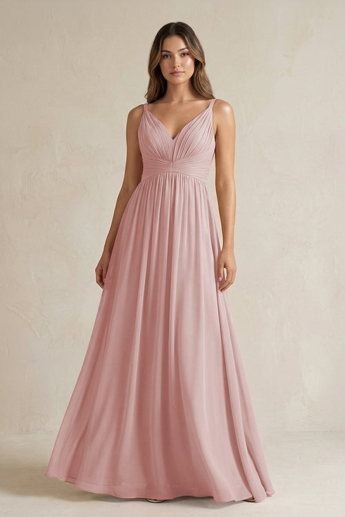 V - Neck Pleated A - Line Chiffon Bridesmaid Dress in Dusty Rose - KissProm Bridesmaid Dresses