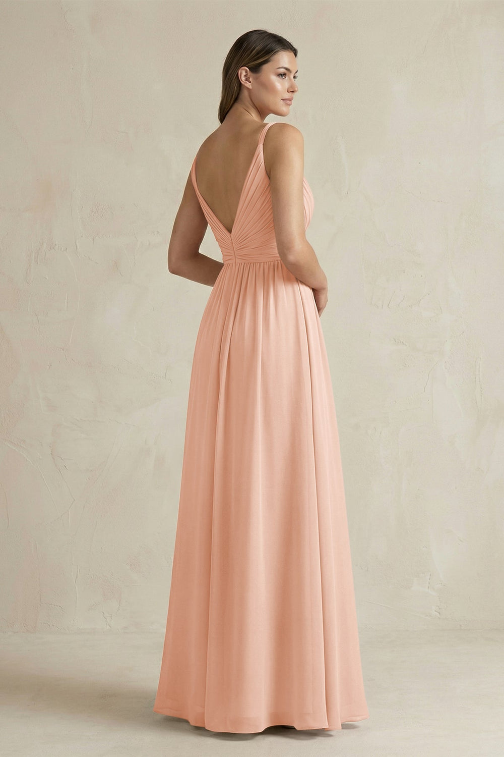 V - Neck Pleated A - Line Chiffon Bridesmaid Dress in English Rose - KissProm Bridesmaid Dresses