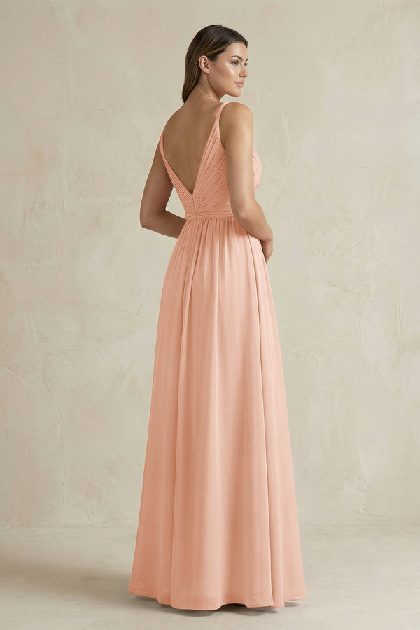 V - Neck Pleated A - Line Chiffon Bridesmaid Dress in English Rose - KissProm Bridesmaid Dresses