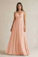 V - Neck Pleated A - Line Chiffon Bridesmaid Dress in English Rose - KissProm Bridesmaid Dresses