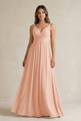 V - Neck Pleated A - Line Chiffon Bridesmaid Dress in English Rose - KissProm Bridesmaid Dresses