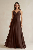 V - Neck Pleated A - Line Chiffon Bridesmaid Dress in Espresso - KissProm Bridesmaid Dresses