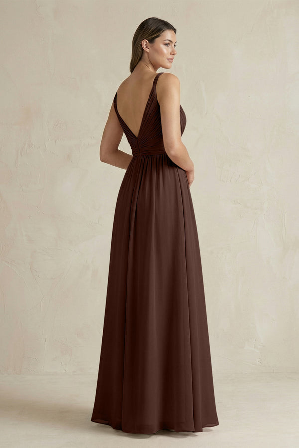 V - Neck Pleated A - Line Chiffon Bridesmaid Dress in Espresso - KissProm Bridesmaid Dresses