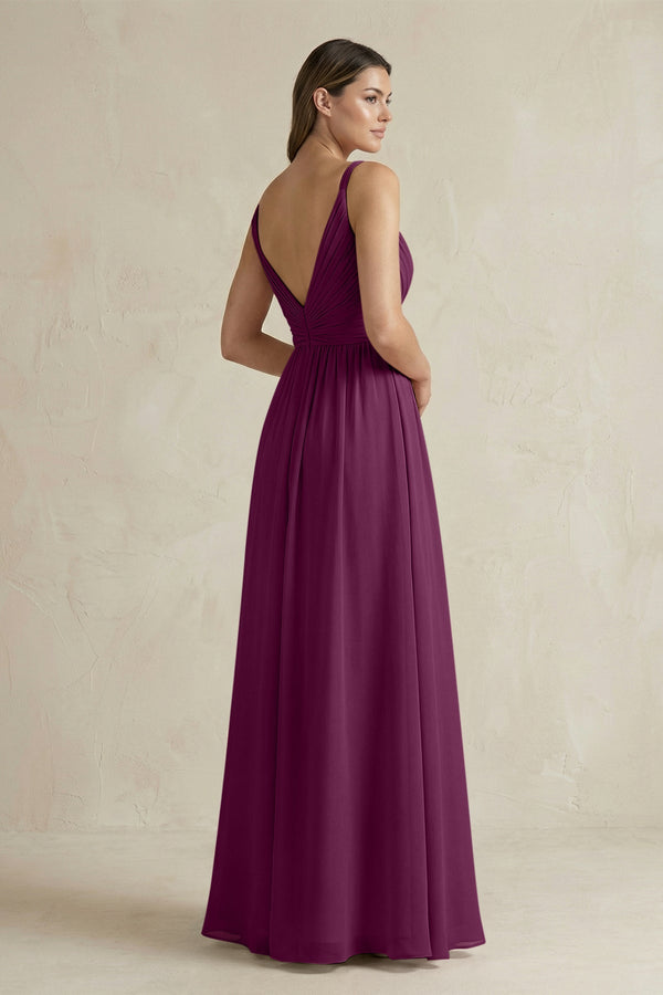 V - Neck Pleated A - Line Chiffon Bridesmaid Dress in Fig - KissProm Bridesmaid Dresses