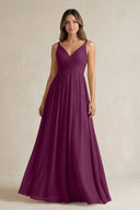 V - Neck Pleated A - Line Chiffon Bridesmaid Dress in Fig - KissProm Bridesmaid Dresses